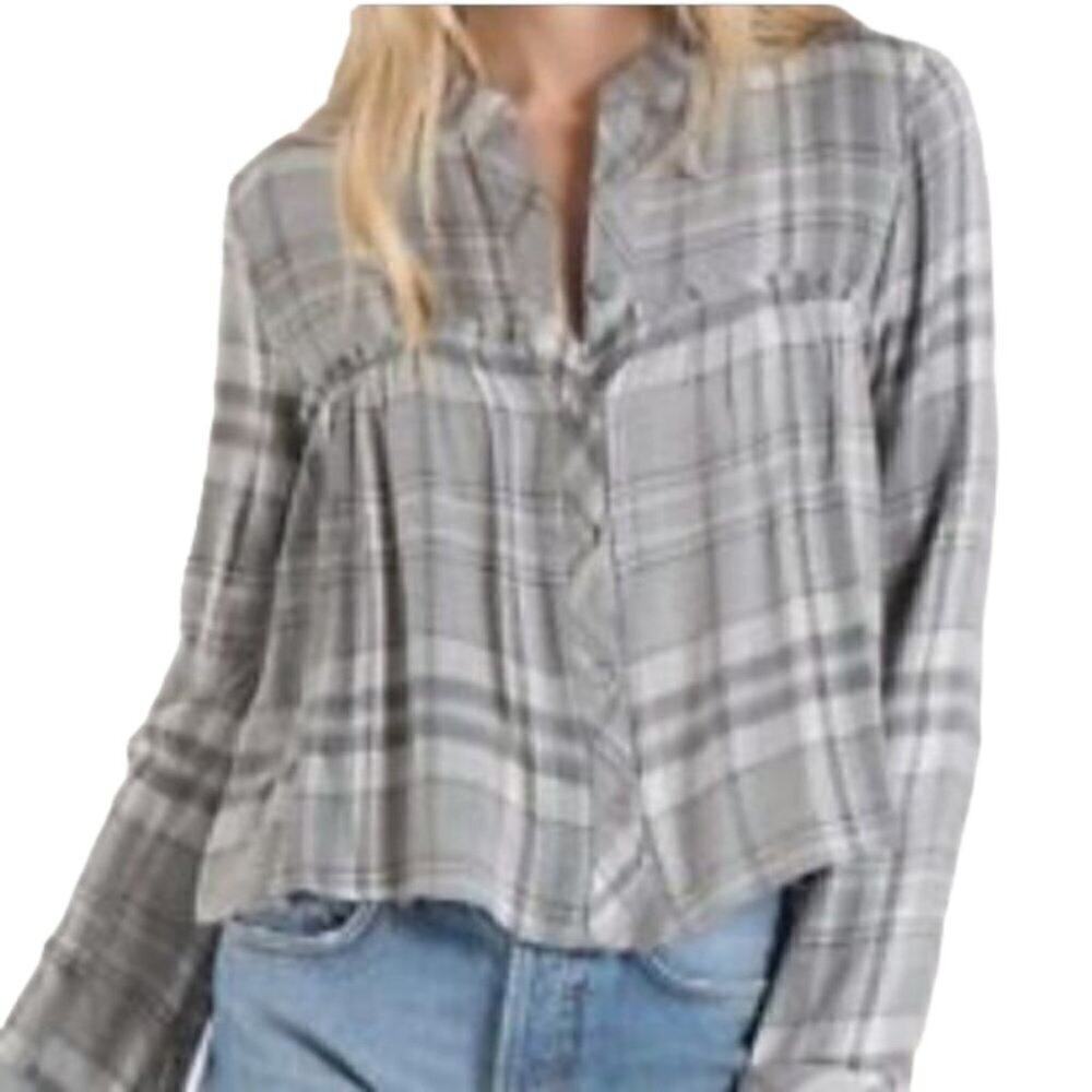 Cloth & Stone Gray White Plaid Long Flare Sleeve Button-Down Cropped Shirt Sz XS